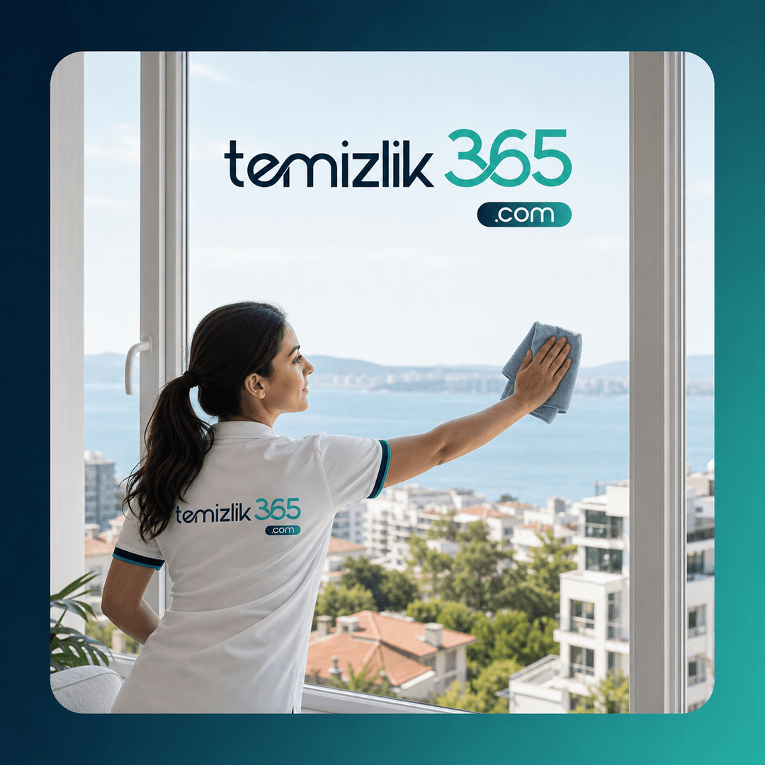 Temizlik365 ekibinden bir görevli Kocaeli manzaralı bir evin camını temizliyor